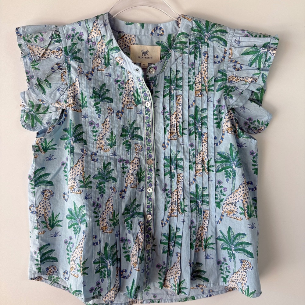 Printfresh Katie Blouse Women XS Blue Leopard Mirage Cotton Excellent Ruffle Cap